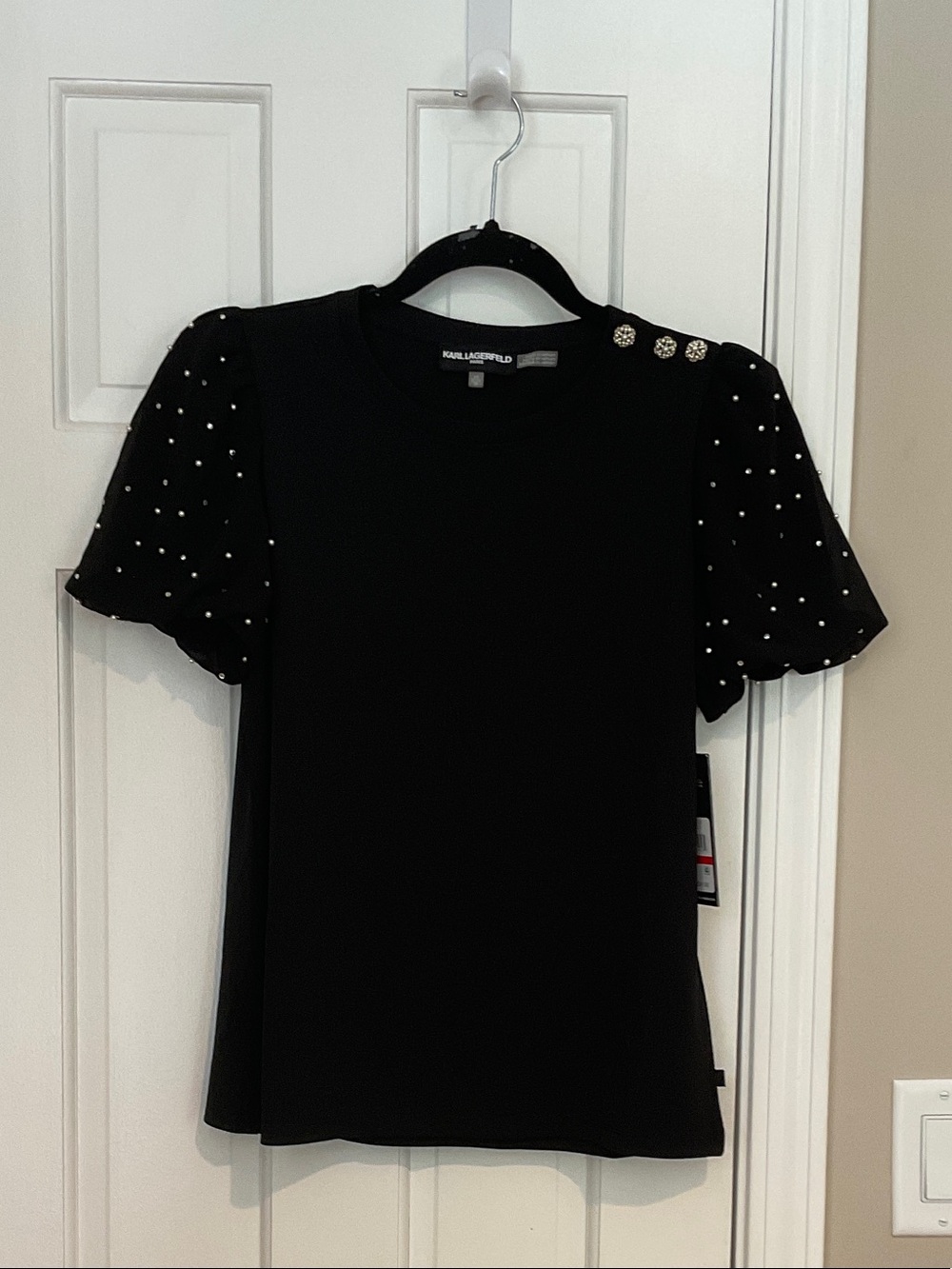 Karl Lagerfeld Black Short-Sleeve Tee with Pearl-Stud Puff Sleeves